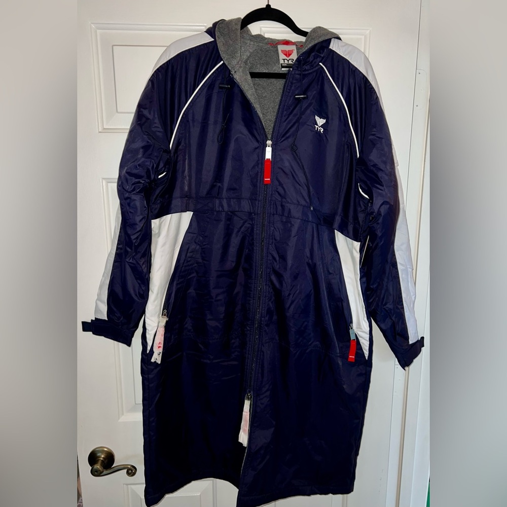 TYR Alliance Swim Parka Adult Blue Fleece-lined Long Jacket Dual Zipper Small